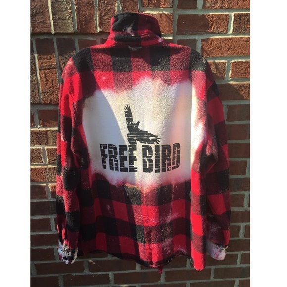 Flannel Shirt Jacket Shacket Free Bird Graphic Red Buffalo Plaid Mens Large - Picture 2 of 9
